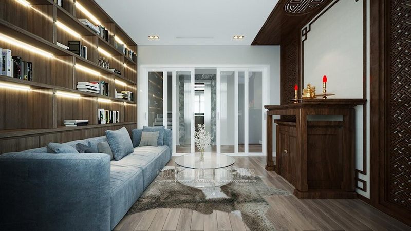 Nội thất phòng thờ được thiết kế bằng gỗ có phong cách sang trọng, tạo nên một không gian thờ cúng đầy lòng kính hiếu và thành tâm.